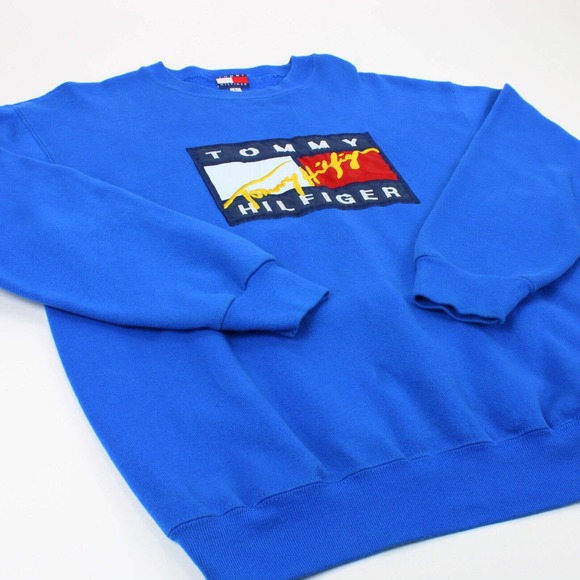Vintage Tommy Hilfiger Sweatshirt Embroidered Flag Logo Blue Size Large Mens - Picture 3 of 7